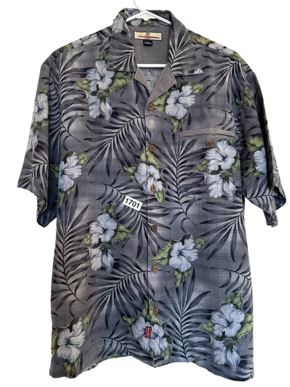 Tommy Bahama Silk Gray Tropical Floral Button Up Shirt Man M Oversized Hawaiian